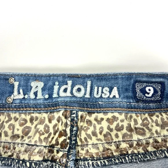 LA Idol USA Leopard Pocket Rhinestone Studded Medium Wash Skinny Jeans - Picture 5 of 9